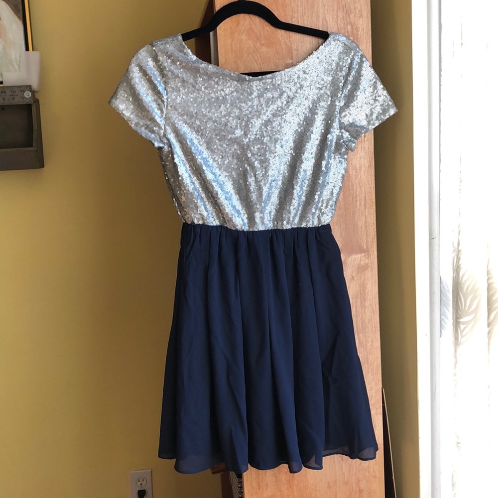 Silver sequin and navy formal dress